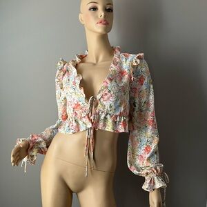 emory park Floral Ruffle Tie-Front Crop Top - Cream/Coral/Green